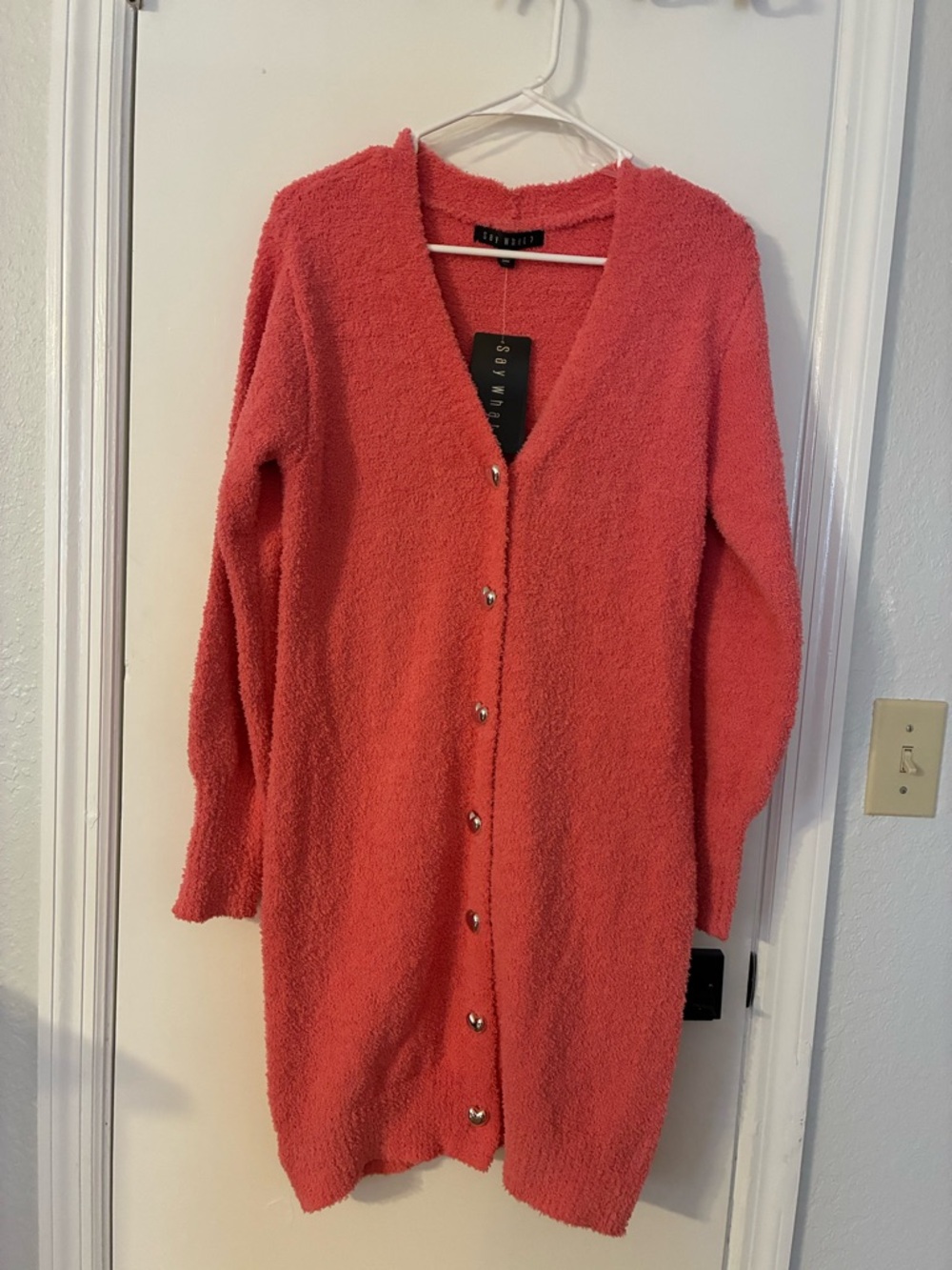 Super Cozy Long Button-Up Sweater Cardigan - Coral Pink
